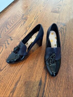 Boden Black and blue cap toe Tassel Patent & Leather Block Heel Pumps